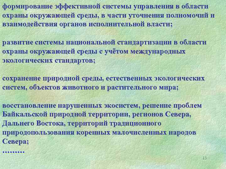 формирование эффективной системы управления в области охраны окружающей среды, в части уточнения полномочий и