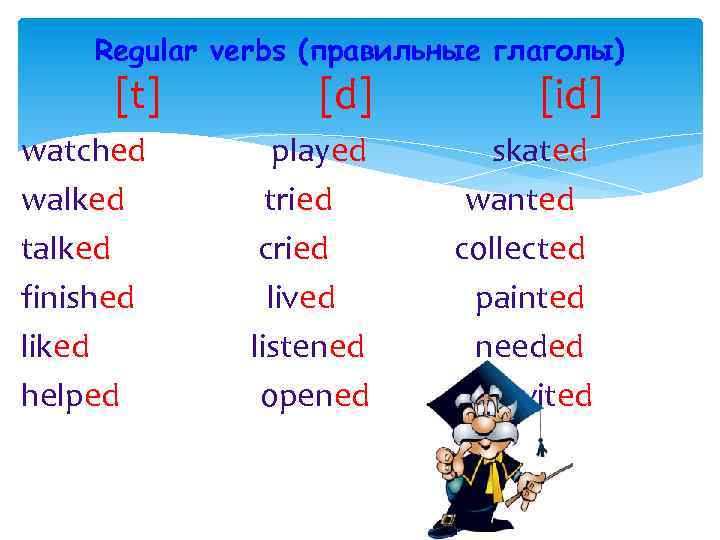 Regular verbs (правильные глаголы) [t] watched walked talked finished liked helped [d] played tried