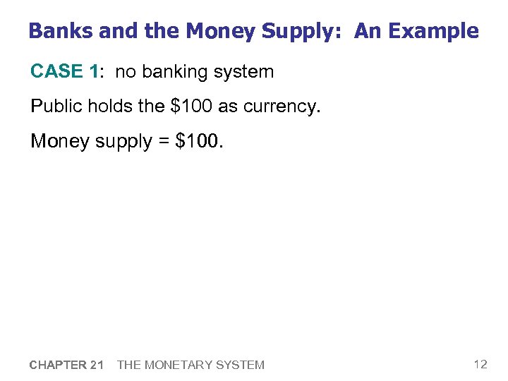 Banks and the Money Supply: An Example CASE 1: no banking system Public holds