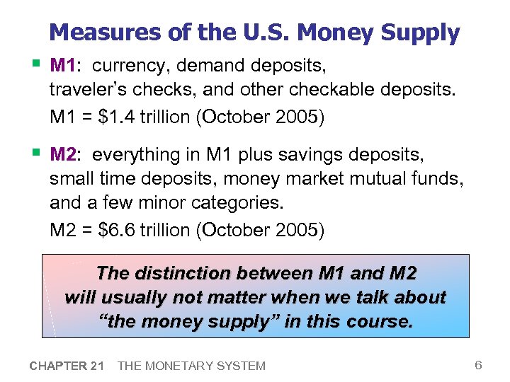 Measures of the U. S. Money Supply § M 1: currency, demand deposits, traveler’s