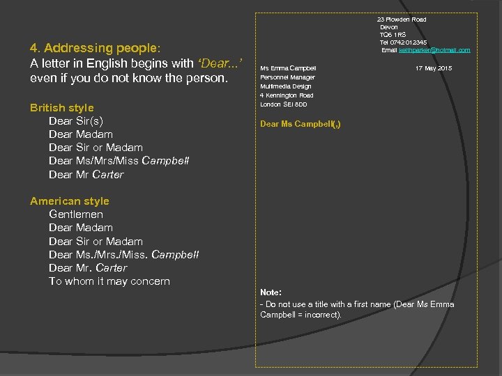  23 Plowden Road 4. Addressing people: A letter in English begins with ‘Dear.
