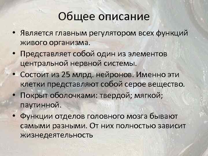 Общее описание • Является главным регулятором всех функций живого организма. • Представляет собой один