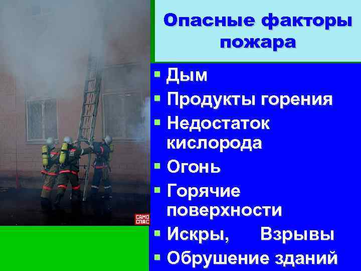 Опасные факторы пожара Дым Продукты горения Недостаток кислорода Огонь Горячие поверхности Искры, Взрывы Обрушение