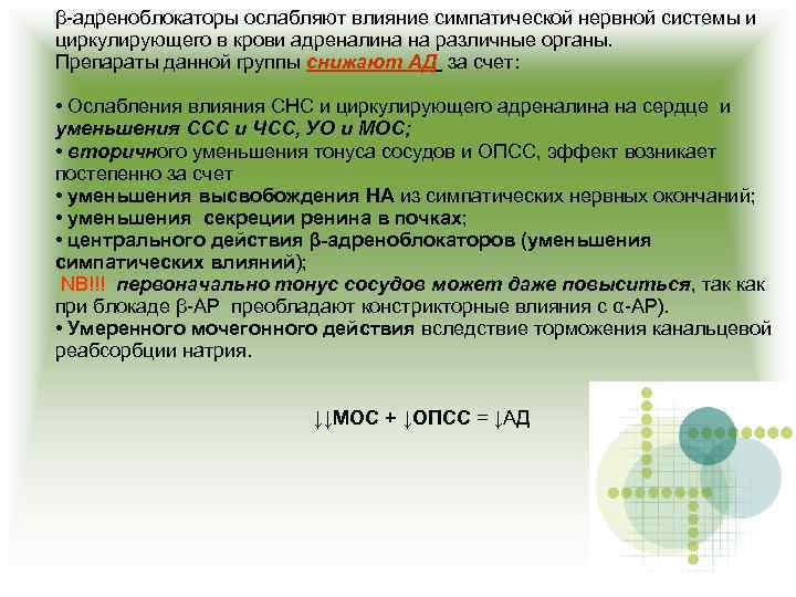 β-адреноблокаторы ослабляют влияние симпатической нервной системы и циркулирующего в крови адреналина на различные органы.