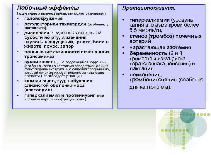 Побочные эффекты Противопоказания. После первых приемов препарата может развиваться • • головокружение рефлекторная тахикардия