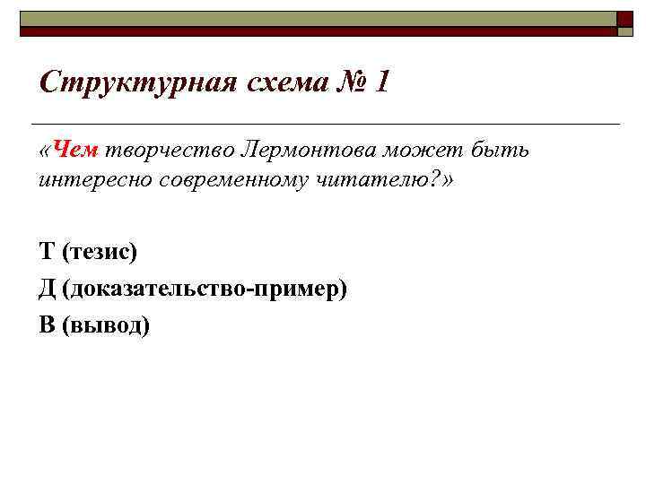 Структурная схема № 1 «Чем творчество Лермонтова может быть интересно современному читателю? » Т