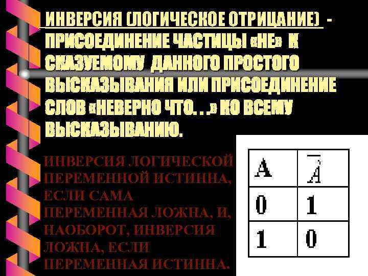 ИНВЕРСИЯ (ЛОГИЧЕСКОЕ ОТРИЦАНИЕ) ПРИСОЕДИНЕНИЕ ЧАСТИЦЫ «НЕ» К СКАЗУЕМОМУ ДАННОГО ПРОСТОГО ВЫСКАЗЫВАНИЯ ИЛИ ПРИСОЕДИНЕНИЕ СЛОВ