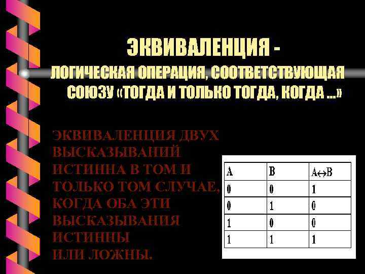 ЭКВИВАЛЕНЦИЯ ЛОГИЧЕСКАЯ ОПЕРАЦИЯ, СООТВЕТСТВУЮЩАЯ СОЮЗУ «ТОГДА И ТОЛЬКО ТОГДА, КОГДА …» ЭКВИВАЛЕНЦИЯ ДВУХ ВЫСКАЗЫВАНИЙ