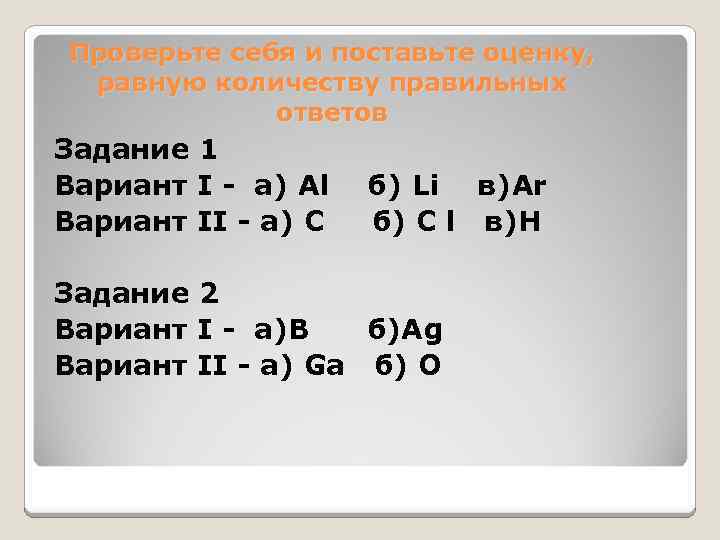 Проверьте себя и поставьте оценку, равную количеству правильных ответов Задание 1 Вариант I -