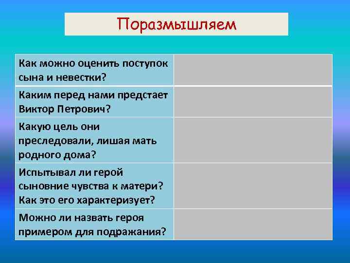 Поразмышляем Как можно оценить поступок сына и невестки? Каким перед нами предстает Виктор Петрович?