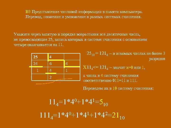 В 3 Представление числовой информации в памяти компьютера. Перевод, сложение и умножение в разных
