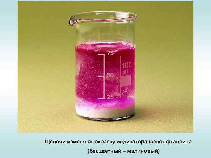 Щёлочи изменяют окраску индикатора фенолфталеина (бесцветный – малиновый) 