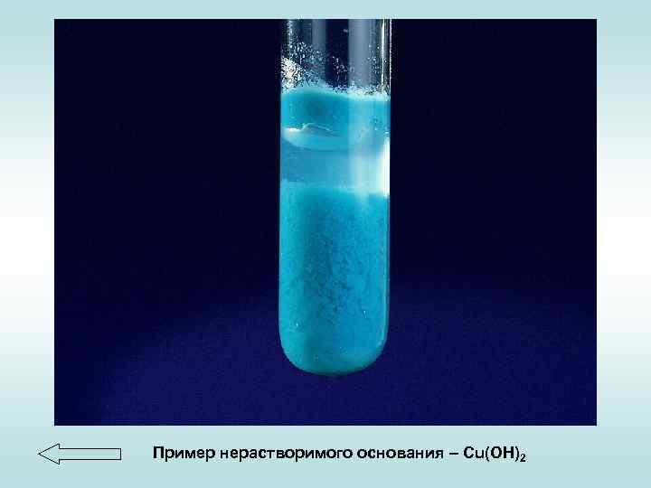 Пример нерастворимого основания – Сu(OH)2 