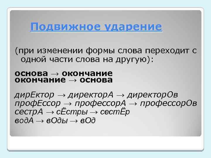 Подвижное ударение (при изменении формы слова переходит с одной части слова на другую): основа