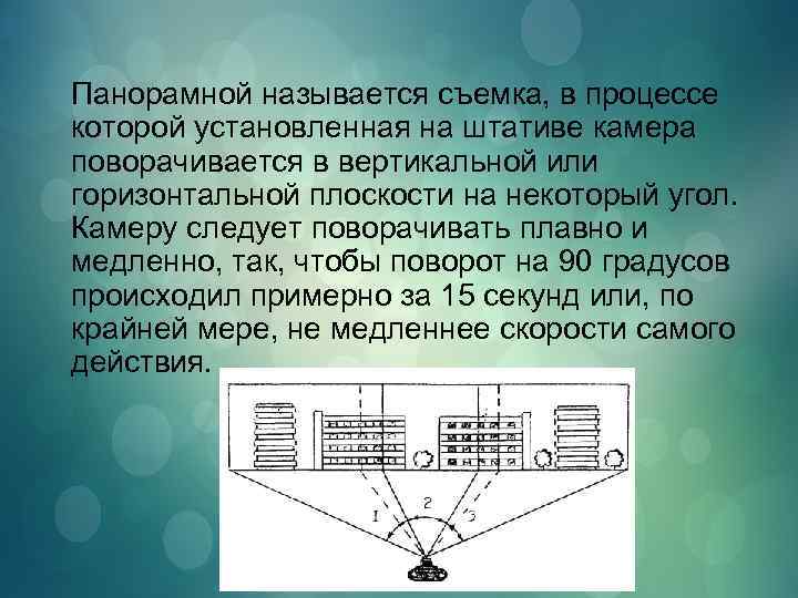 Панорамной называется съемка, в процессе которой установленная на штативе камера поворачивается в вертикальной или