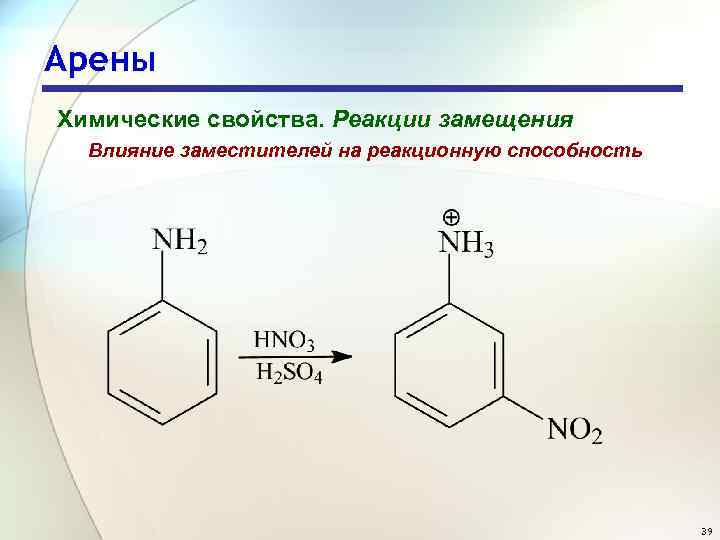 Арены Химические свойства. Реакции замещения Влияние заместителей на реакционную способность 39 
