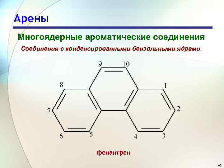 Арены Многоядерные ароматические соединения Соединения с конденсированными бензольными ядрами фенантрен 62 