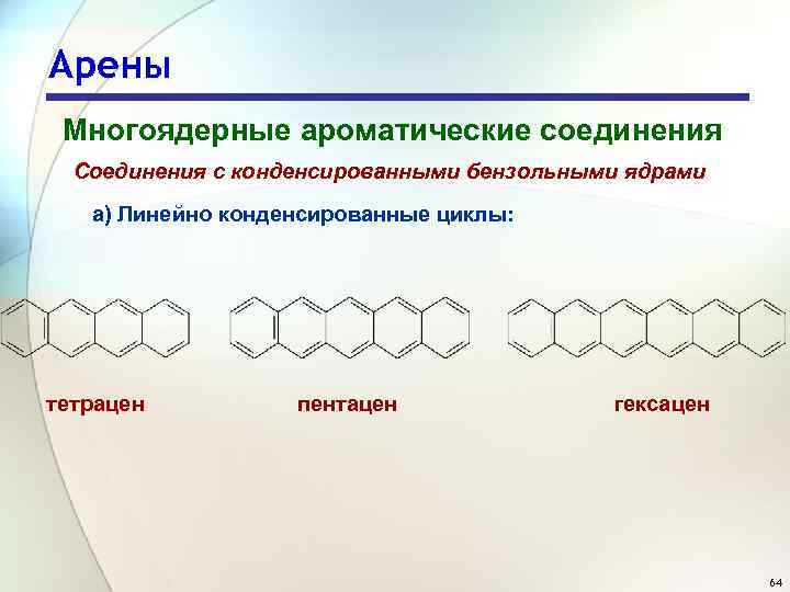 Арены Многоядерные ароматические соединения Соединения с конденсированными бензольными ядрами а) Линейно конденсированные циклы: тетрацен