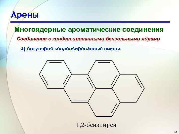 Арены Многоядерные ароматические соединения Соединения с конденсированными бензольными ядрами а) Ангулярно конденсированные циклы: 66