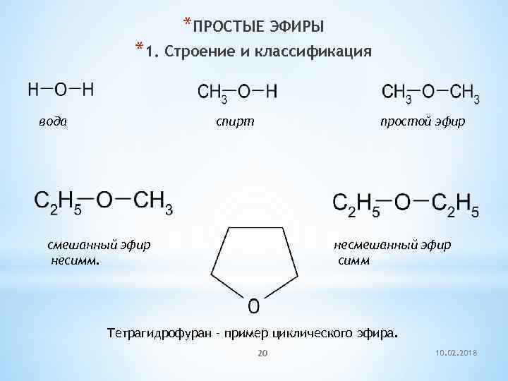 *ПРОСТЫЕ ЭФИРЫ *1. Строение и классификация вода спирт простой эфир смешанный эфир несимм. несмешанный