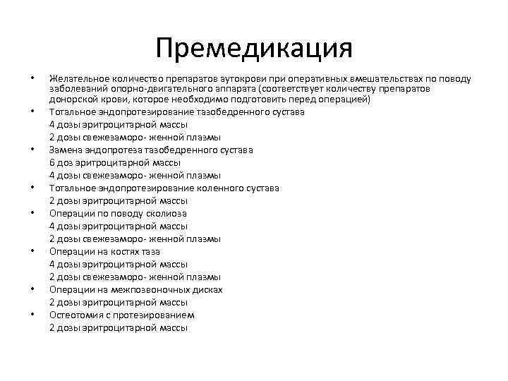 План премедикации к плановой операции в хирургии