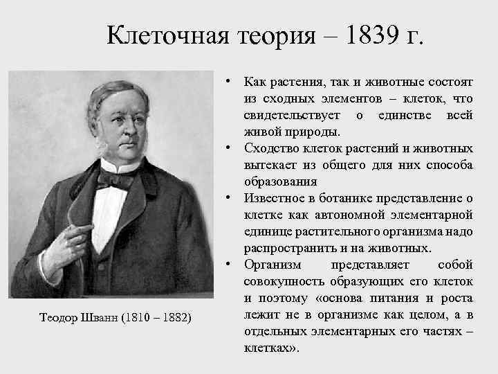 Клеточная теория – 1839 г. Теодор Шванн (1810 – 1882) • Как растения, так