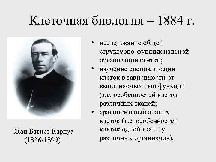 Клеточная биология – 1884 г. Жан Батист Карнуа (1836 -1899) • исследование общей структурно-функциональной