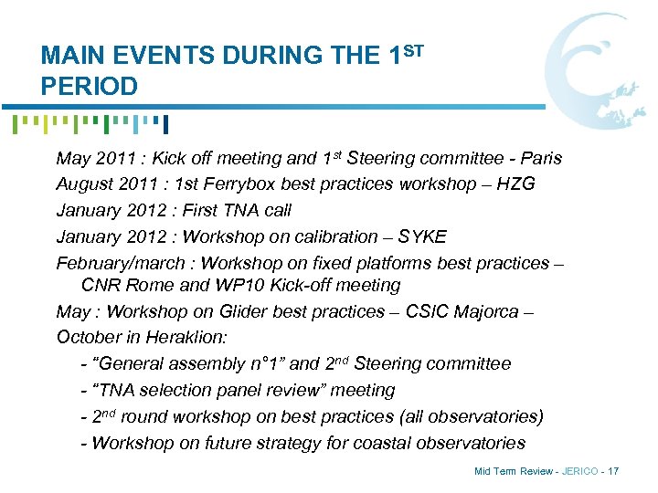 MAIN EVENTS DURING THE 1 ST PERIOD May 2011 : Kick off meeting and