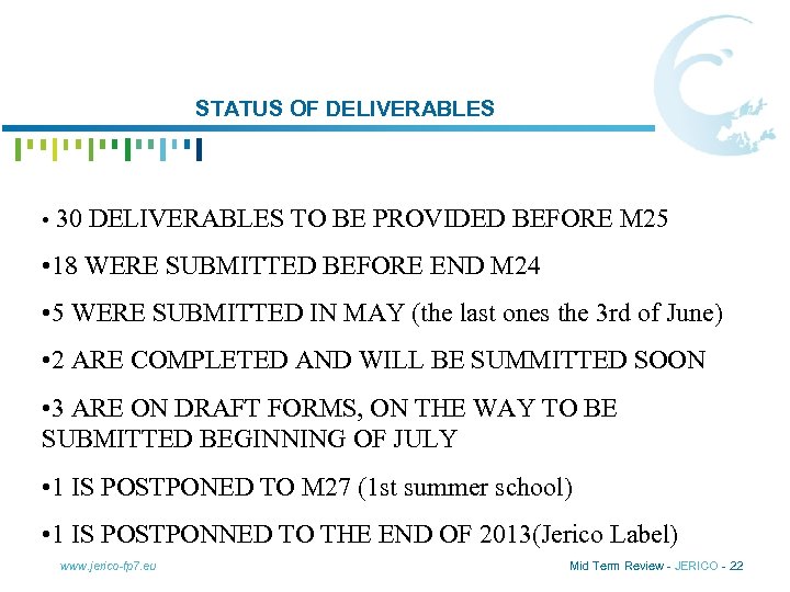 STATUS OF DELIVERABLES • 30 DELIVERABLES TO BE PROVIDED BEFORE M 25 • 18