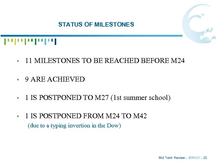 STATUS OF MILESTONES • 11 MILESTONES TO BE REACHED BEFORE M 24 • 9