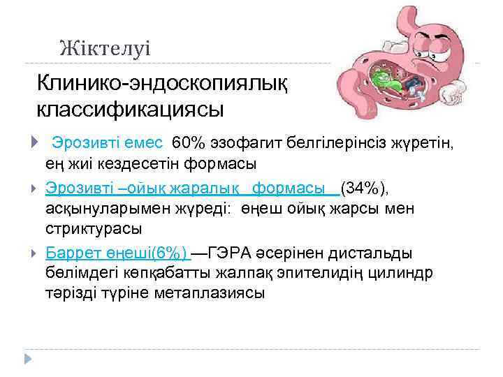 Жіктелуі Клинико-эндоскопиялық классификациясы Эрозивті емес 60% эзофагит белгілерінсіз жүретін, ең жиі кездесетін формасы Эрозивті