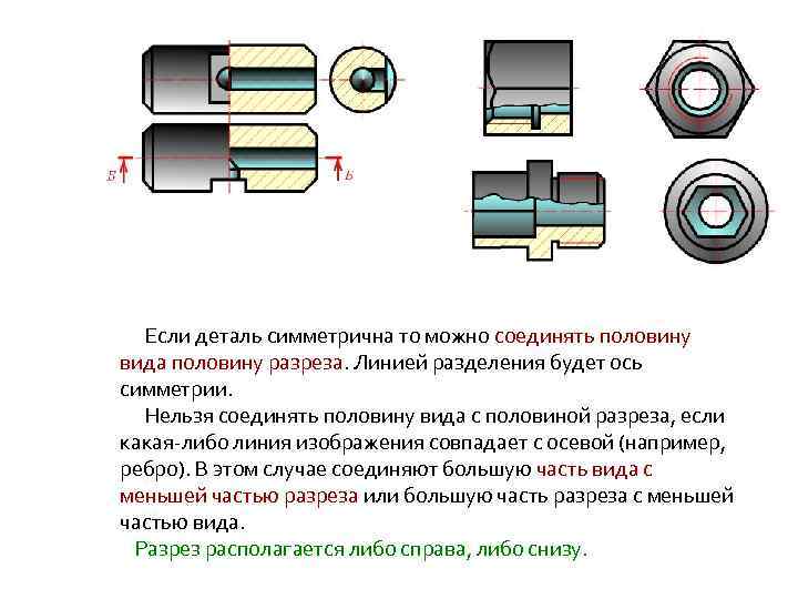 Если вид и разрез симметричны то на чертеже рекомендуется соединить половину вида