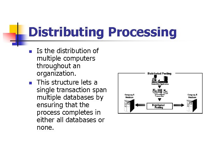 Distributing Processing n n Is the distribution of multiple computers throughout an organization. This