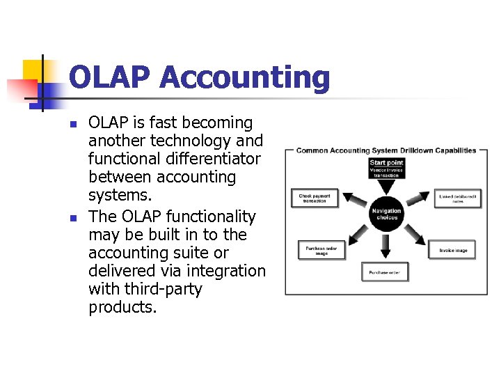 OLAP Accounting n n OLAP is fast becoming another technology and functional differentiator between