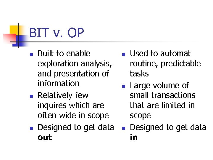 BIT v. OP n n n Built to enable exploration analysis, and presentation of