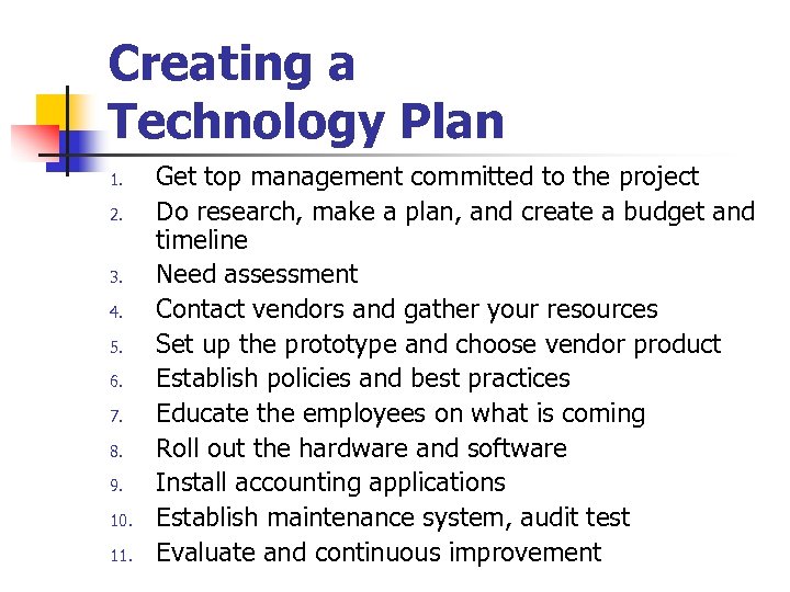 Creating a Technology Plan 1. 2. 3. 4. 5. 6. 7. 8. 9. 10.
