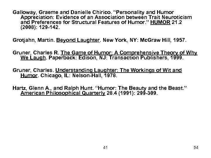 Galloway, Graeme and Danielle Chirico. “Personality and Humor Appreciation: Evidence of an Association between