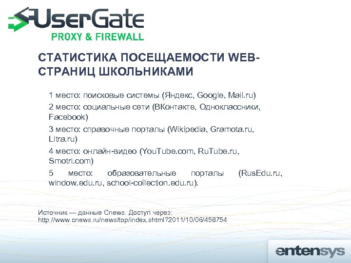 СТАТИСТИКА ПОСЕЩАЕМОСТИ WEBСТРАНИЦ ШКОЛЬНИКАМИ 1 место: поисковые системы (Яндекс, Google, Mail. ru) 2 место: