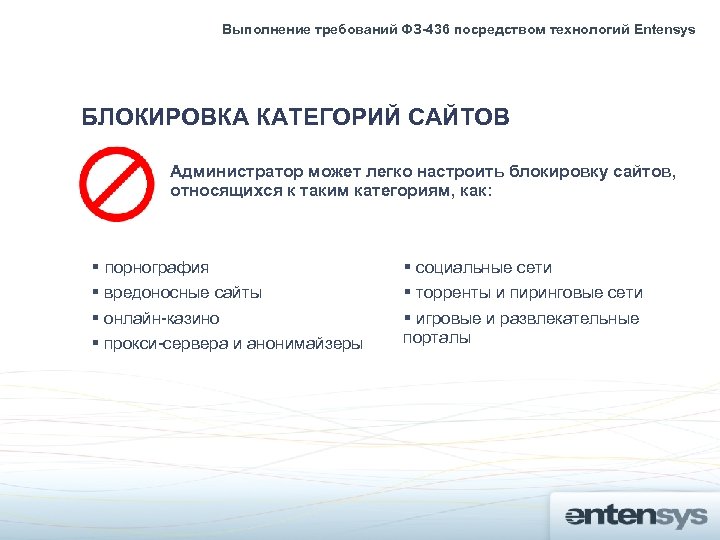 Выполнение требований ФЗ-436 посредством технологий Entensys БЛОКИРОВКА КАТЕГОРИЙ САЙТОВ Администратор может легко настроить блокировку