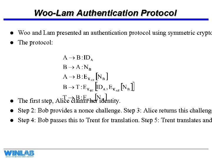 Woo-Lam Authentication Protocol l Woo and Lam presented an authentication protocol using symmetric crypto