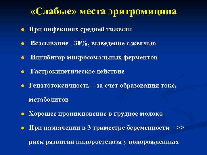  «Слабые» места эритромицина l При инфекциях средней тяжести l Всасывание - 30%, выведение