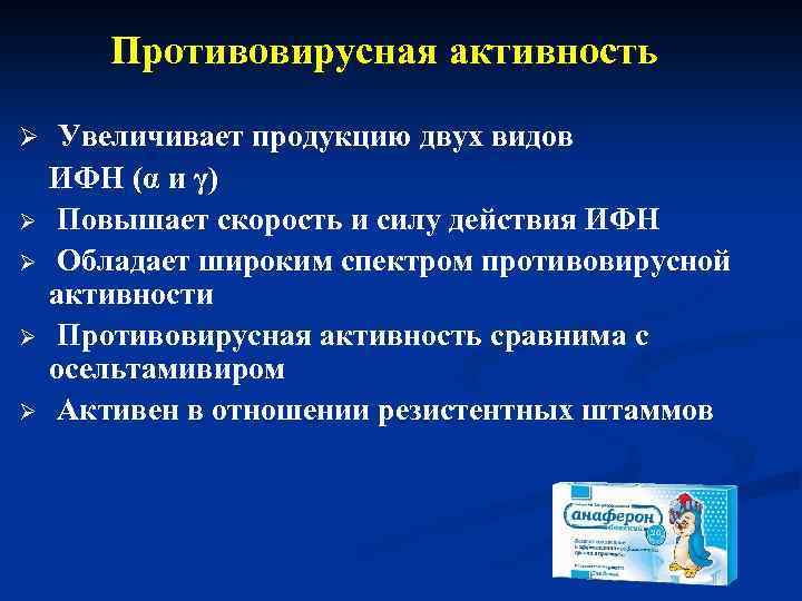 Противовирусная активность Ø Ø Ø Увеличивает продукцию двух видов ИФН (α и γ) Повышает