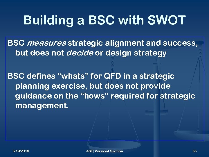 Building a BSC with SWOT BSC measures strategic alignment and success, but does not