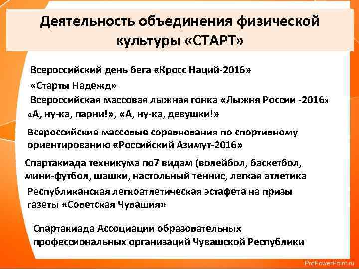 Деятельность объединения физической культуры «СТАРТ» Всероссийский день бега «Кросс Наций-2016» «Старты Надежд» Всероссийская массовая