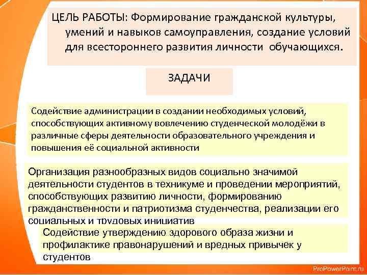 ЦЕЛЬ РАБОТЫ: Формирование гражданской культуры, умений и навыков самоуправления, создание условий для всестороннего развития