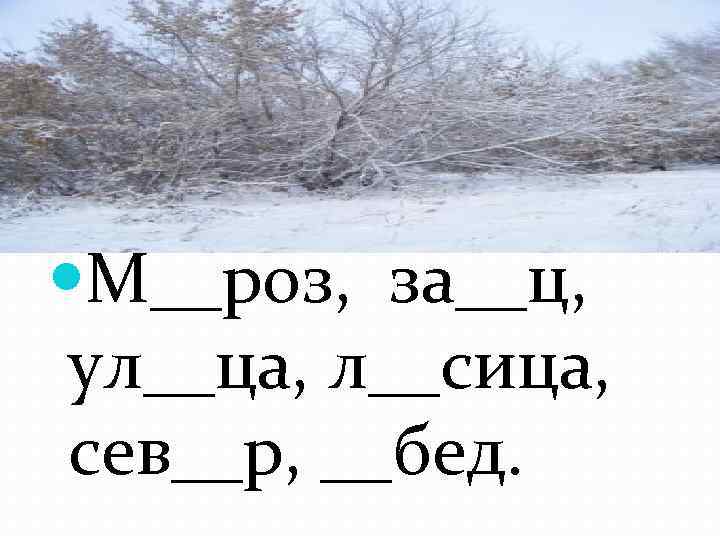 Словарная работа М__роз, за__ц, ул__ца, л__сица, сев__р, __бед. 