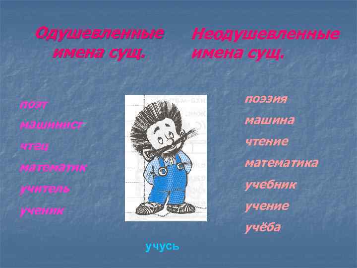 Одушевленные имена сущ. Неодушевленные имена сущ. поэт поэзия машинист машина чтец чтение математика учитель