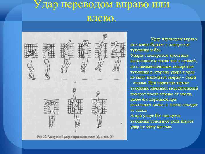 Удар переводом вправо или влево бывает с поворотом туловища и без. Удары с поворотом