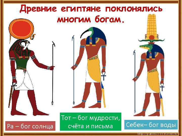 Древние египтяне поклонялись многим богам. Ра – бог солнца Тот – бог мудрости, Себек–