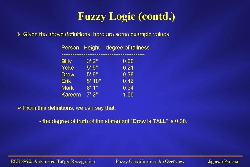 Fuzzy Logic (contd. ) Ø Given the above definitions, here are some example values.